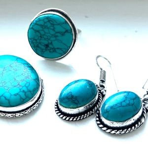 Turquoise Stone Trio Jewelry Set Ring Earrings Pendant Silver Plated size 7